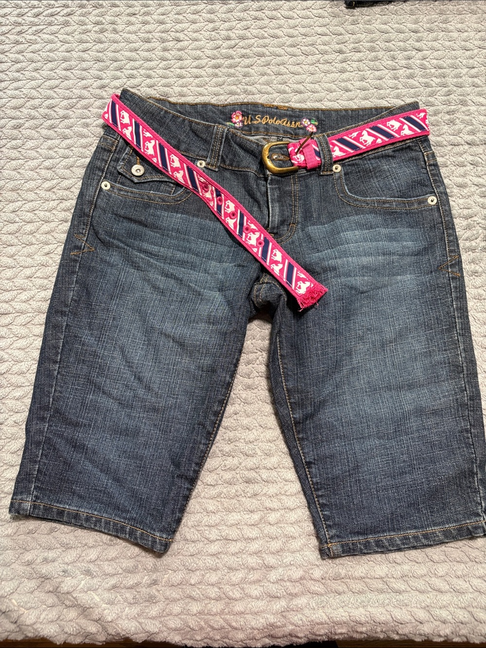 Vtg Y2K U.S. Polo Assn Belted Denim Bermuda Shorts Capris Size 9/10